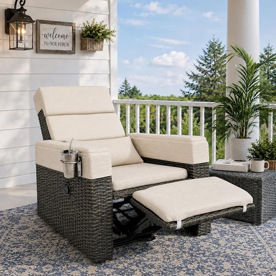 Aluminum Frame Wicker Lay Flat Reclining Chair with Adjustable Back and Footrest, Outdoor Patio Lounge Chair, Washable Cover for Garden Backyard, 1PC - Brown/Beige