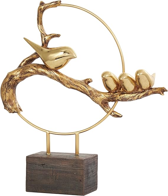 Deco 79 Polystone Bird Decorative Sculpture Family On A Branch Home Decor Statue with Brown Block Base, Accent Figurine 15" x 4" x 16", Gold