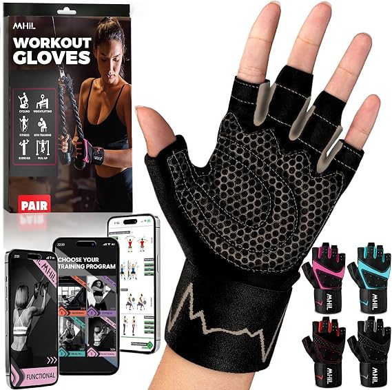 MhIL Workout Gloves for Women Breathable Gym Gloves for Women with Palm Protection and Enhanced Grip Padded Weight Lifting Glove for Womens with Wrist Wraps Support Weightlifting Exercise Cycling