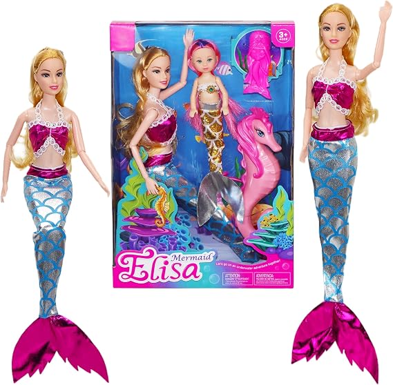 Mermaid Dolls with Little Mermaid & Seahorse| Summer Mermaid Swimming Pool Diving Toys for Water Play | Mermaid Bath Toy Playset for Girls 4-7 | Birthday Party Christmas Wish List