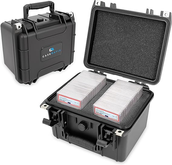 CASEMATIX Graded Card Case Fits 40 BGS PSA Slab Sleeves Graded Sports Trading Cards or 150 Top Loader Cards, IPX7 Waterproof Graded Sports Card Case and Trading Card Box With Dividers