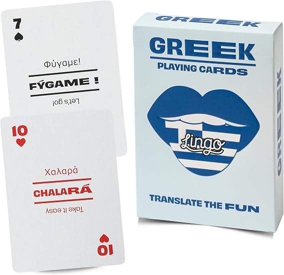 Lingo Greek Playing Cards | Greek Heritage & Language Learning Flashcards for Adults | 52 Phrases with Pronunciation | Fun Gift for Families & Island Travelers
