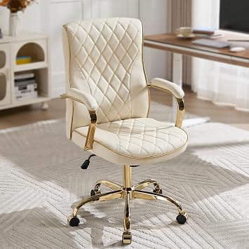 Beige and Gold Office Desk Chair,Conference Room Chairs,Mid Back Vintage Executive Leather Chair,Ergonomic Computer Swivel Chair with Rocking Function and Padded Arms,Adjustable Height