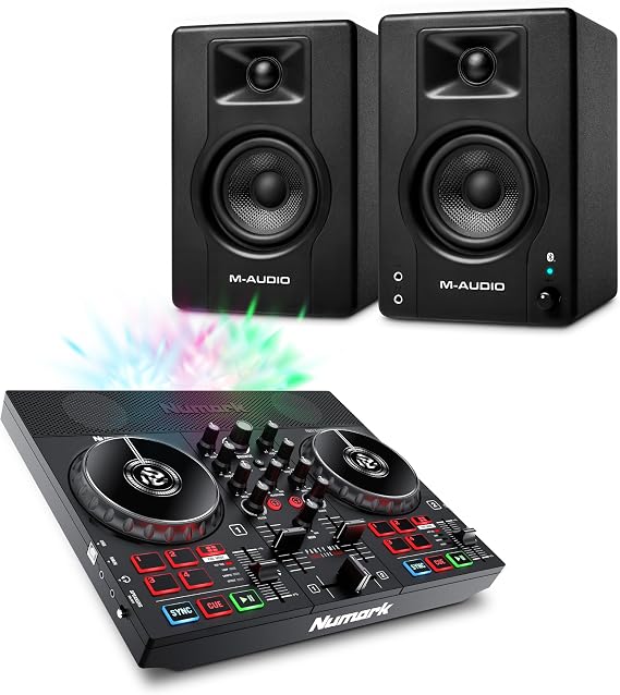 Numark Party Mix Live DJ Controller and M-AUDIO BX4 Pair Bluetooth Studio Monitors for Studio Recording, Music Production, Podcasting, Streaming