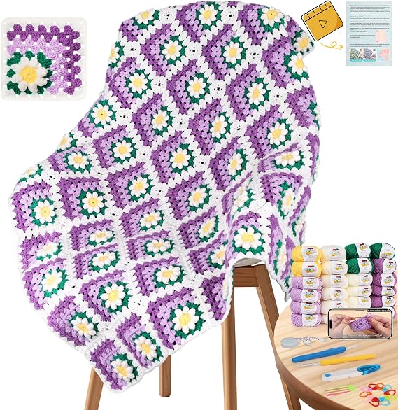 Coopay Crochet Blanket Kit for Beginners, Easy 3D Granny Square Blanket Kit