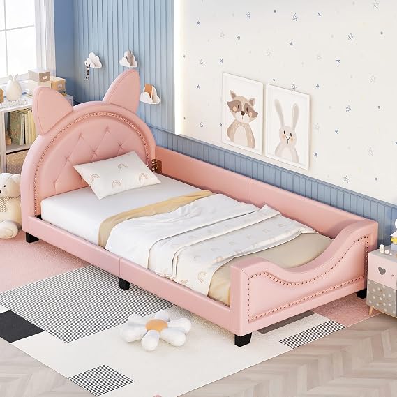 Bellemave Twin Size Upholstered Daybed,Wooden Daybed Frame with Carton Ears Shaped Headboard, PU Leather Platform Bed, Wooden Slat Supports Bed Frame for Bedroom,Guestroom (Pink, Cat Ears)