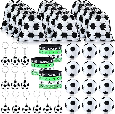 Nuogo 48 Pcs Soccer Gifts Soccer Party Favors Include 12 Pcs Gifts Bags Bracelets Stress Balls Mini Keychain for Team Birthday Party Supplies