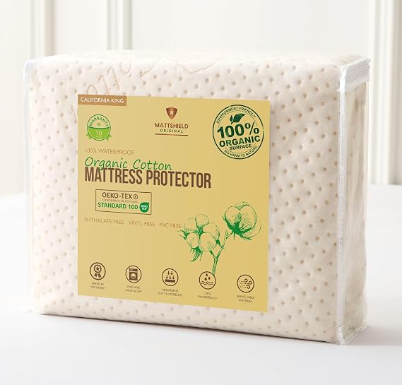 Luxury Waterproof Organic Mattress Protector Cal King Size - Organic Cotton Breathable Mattress Pad Cover - Premium 380 GSM 3D Air Fabric - Deep Pocket - Jersey Cotton Skirt - Fitted Design