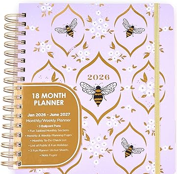 Votum 18 Month Hard Cover Planners/Calendars 10" x 10", January 2026 - June 2027 - Daily, Weekly & Monthly Organizer with Pens, Stickers, Sticky Notes, and a Sturdy Cover - Bee You