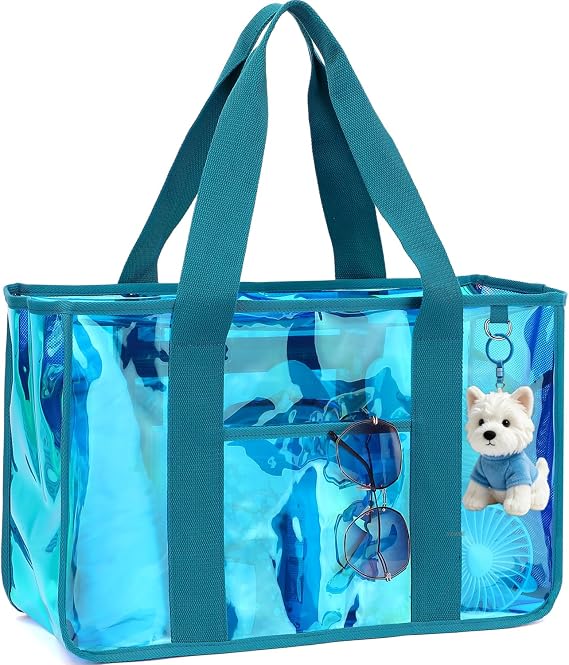 Fammart Iridescent Clear Beach Bags Waterproof Sandproof for Women, Large Jelly Tote Zipper Pool Bag Cruise Essentials 2026