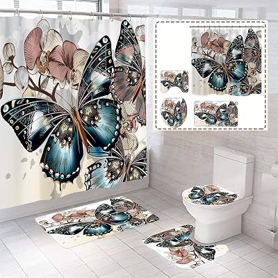 BOISTAR 4 Pcs Monarch Butterfly Bathroom Decor Sets with Shower Curtain and Rugs and Accessories, Durable Waterproof Colorful Floral with Butterflies Shower Curtains and Mat Set