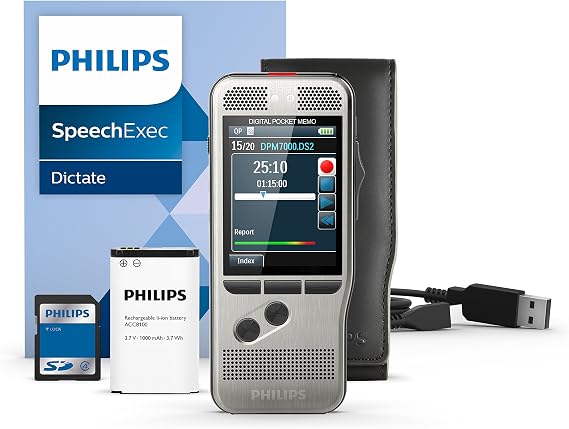 Philips DPM7000 Digital Voice Recorder with Slide Switch 2 Microphones for Stereo Sound Recordings Colour Display Stainless Steel Housing Includes SpeechExec 10 Voice Recorder