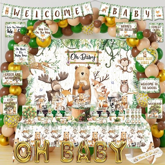 LXlucktim Woodland Baby Shower Decorations, 190Pcs Forest Woodsy Animal Bear Cougar Party Supplies Decor for Boy Girl Baby Showers with Banners, Tablecloth, Centerpieces, Thank You Cards, Wall Signs