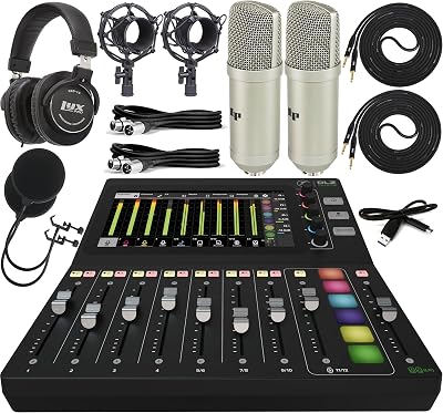 Mackie DLZ Creator Adaptive Digital Mixer Bluetooth or USB For Podcasting and Streaming with 2x LyxPro Condenser Microphones, Shockmount, XLR Cable & Professional Studio Recording Headphones