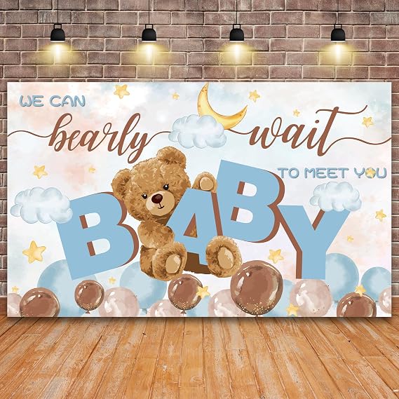We Can Bearly Wait Backdrop Bear Theme Baby Shower Gender Revel Decorations for Boys Welcome Baby Boy Newborn Baby Party Supplies Photography Background - Blue Balloon