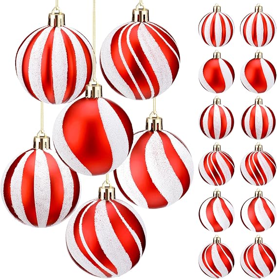 Liliful 12 Pcs Christmas Tree Decorations Ball Ornaments, Red and White | Shatterproof Baubles for Xmas Tree Decor, Peppermint Candy Cane Swirl Design, 2.4 Inch Hanging Set for Holiday Parties