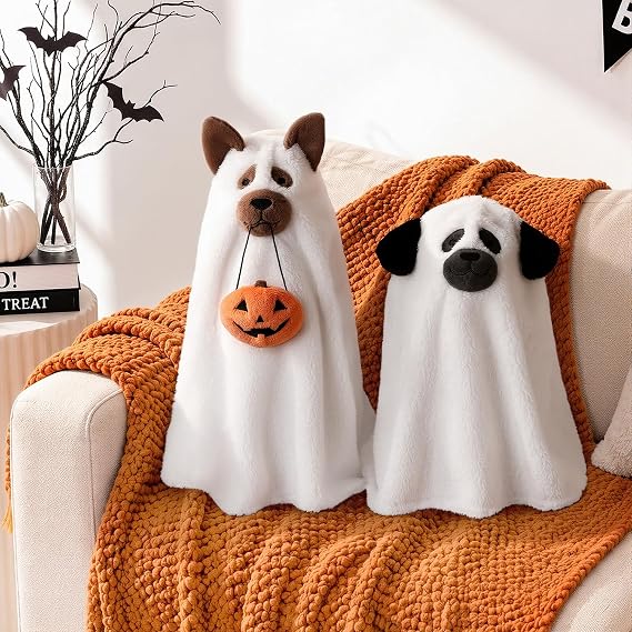 Bunny Chorus Halloween Dog Ghost Throw Pillows, 2pcs Ghost Dog Shaped Decorative Pillows for Couch Sofa, Cute Spooky Halloween Stuffed Pillow Plush Ghost Puppy Doll Home Decor Party Decorations