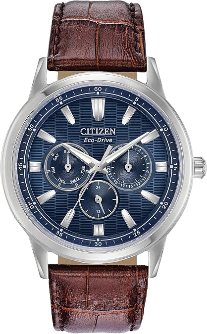 CITIZEN Men's Eco-Drive Corso Classic Watch in Stainless Steel with Brown Leather Strap, Blue Dial (Model: BU2070-12L)