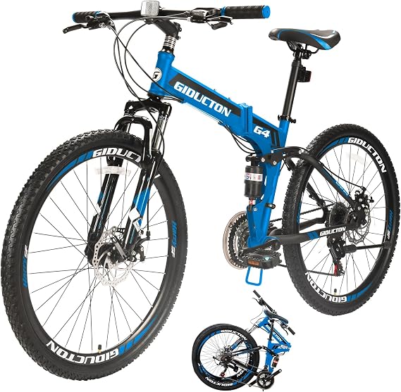 26 Inch Mountain Bike, 21 Speeds Full Suspension Folding Bikes, Dual Disc Brakes Bicycle for Adult Men/Women