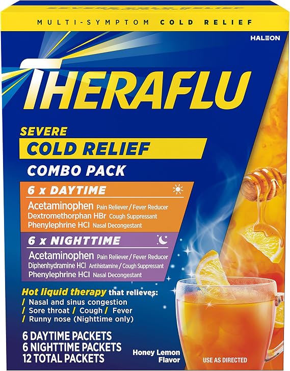 Theraflu Combo Daytime and Nighttime Severe Cold Relief Powder, Honey Lemon Flavor, 12 Count, 6 Daytime and 6 Nighttime