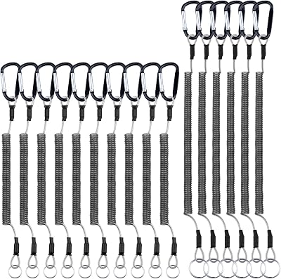 Awpeye 15Pack Fishing Tools Lanyard, Retractable Safety Finishing Ropes Wire Coiled Lanyard with Stainless Steel Clip