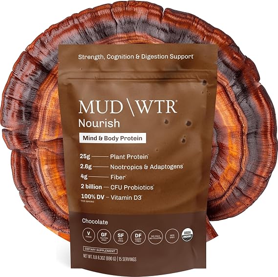 MUDWTR Nourish Chocolate Mushroom Protein Powder, Vegan, 15 Servings | 2,000mg Adaptogen Drink, Cacao, Lion's Mane & Bacopa, USDA Organic, Focus, Mood & Digestion Support