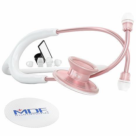 MDF Instruments, Acoustica Lightweight Stethoscope for Doctors, Nurses, Students, Home Health Use, Adult, Dual Head White Tube, RoseGold Chestpiece-Headset, MDF747XPRG29