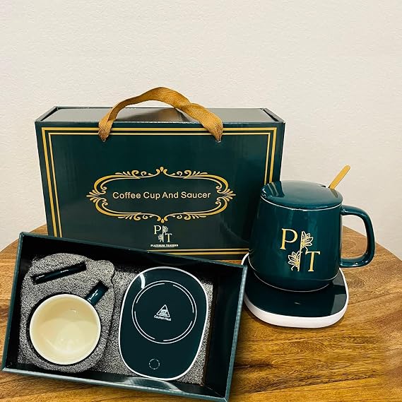 Smart Coffee Mug Warmer & Mug Set for Desk, Electric Coffee Cup Warmer with Auto Shut Off, 55C Temperature Coffee Mug Warmer Heater, Ceramic Cup, Home, Office - Ideal Gift for Coffee & Tea