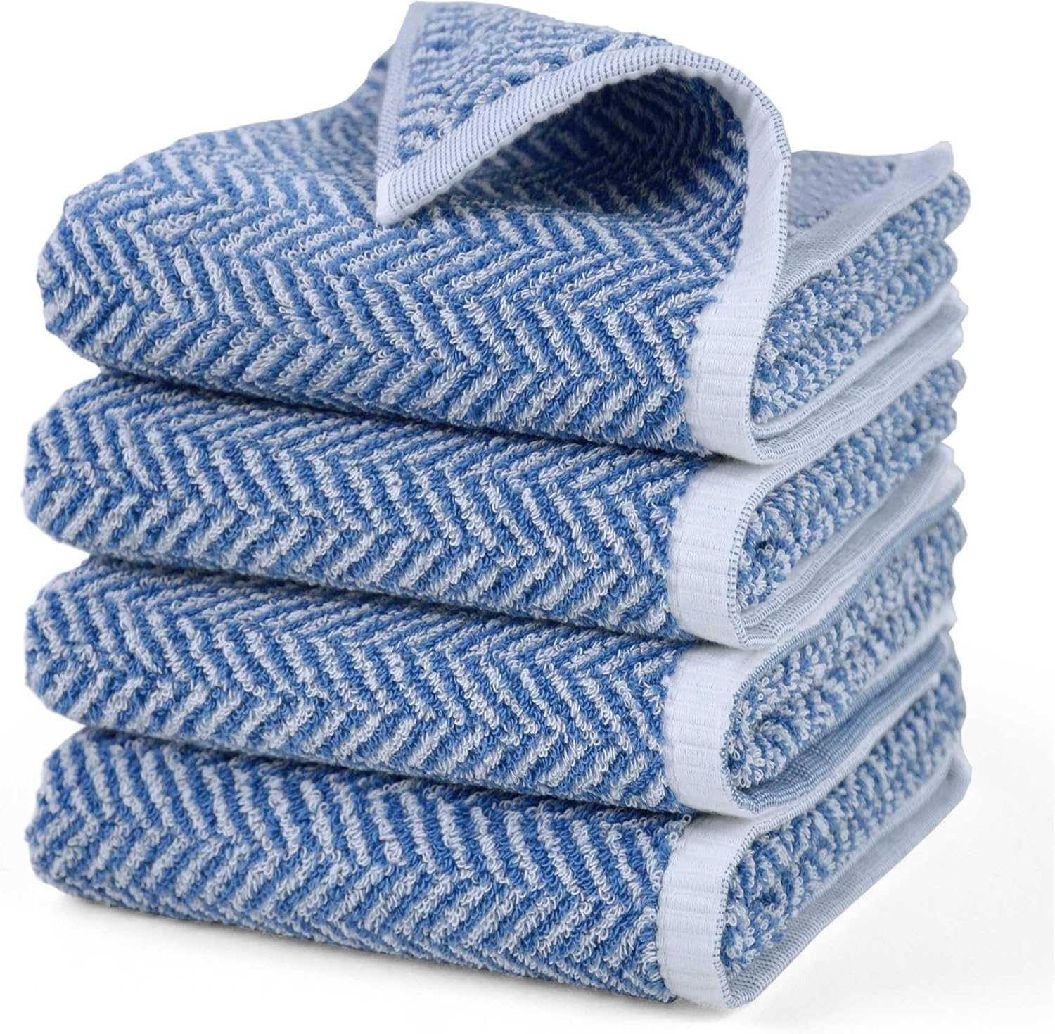 Cleanbear Hand Towels for Bathroom, 4-Pack Cotton Hand Towels with Herringbone Stripes, Highly Absorbent, 13 x 29 Inches (Light-Blue)