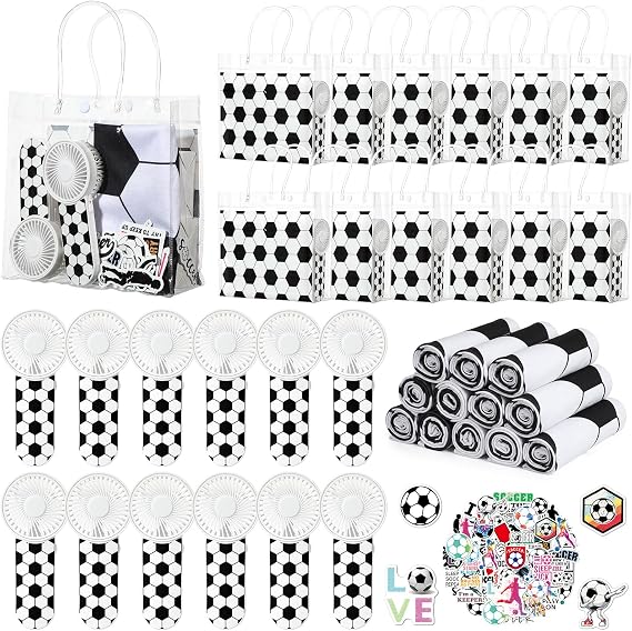 Tujoe 36 Pcs Soccer Party Favors 40 x 12 Cooling Workout Towel Mini Portable Handheld Fan with Lanyards Clear Soccer Gift Bag with Handles and Stickers for Sport Team Gift, Battery Not Include