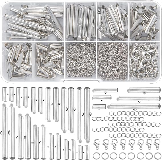 All Size Slider Clasp for Beading Slide Tube Cord Ends with Open Jump Ring Lobster Clasp Chain Extender Jewelry Finding Kit for Beading Necklace Bracelet Jewelry Making (6 Sizes, Silver)