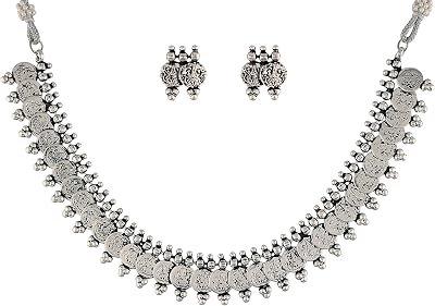 I Jewels 18K Silver Oxidised Indian Traditional Coin Necklace Jewellery With Earrings For Women MC062-63