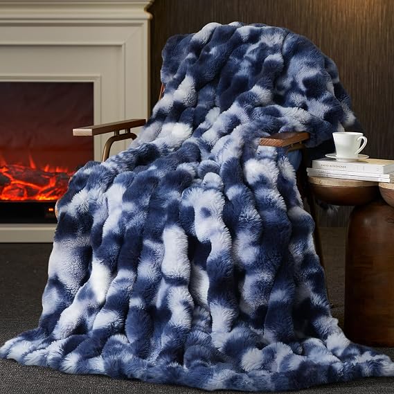 Amelie Home Faux Fur Throw Blanket, Ultra Soft Fuzzy Plush Bubble Blanket for Couch, Bed & Living Room, 60"x80", Tie-dye Blue