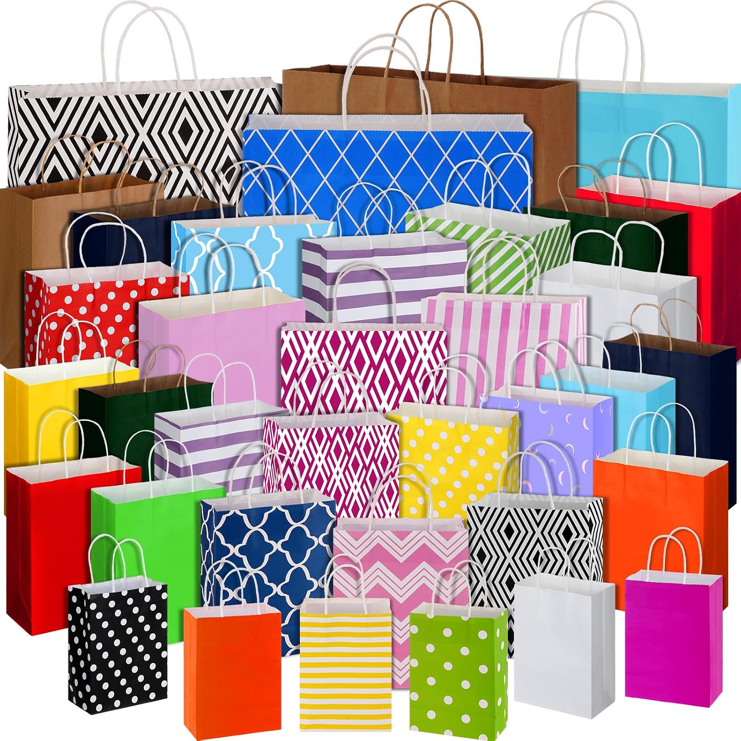 Kosiz 36 Pcs Assorted Sizes Gift Bags Bulk with Handle Assortment Different Size Paper Goodie Bag Paper Party Favor Bag for Wedding Baby Shower Christmas Holiday, 8.3 Small, 10.2 Medium, 12.6 Large