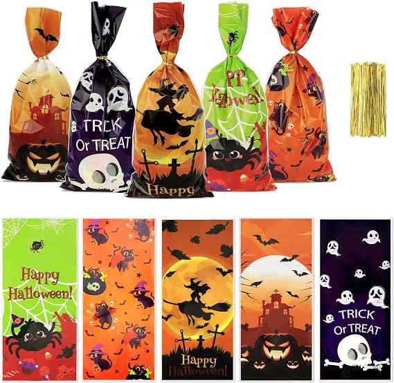 Halloween Treat Bags, Halloween Cellophane Treat Bags, 100PCS Halloweens Candy Bag, Plastic Cello Cookie Goodies Gift Bag with 100pcs Ties for Halloweens Trick or Treat Party Favors Supplies, 4 Style
