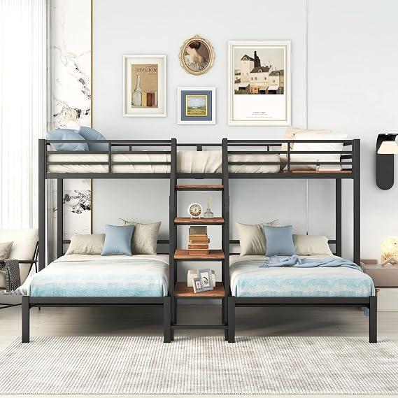 Metal Triple Bunk Bed with Stairs, 3 Beds Bunk Bed, Twin Over Twin & Twin Bunk Bed with Storage Shelves Staircase, for Kids Teens Adults (Black)