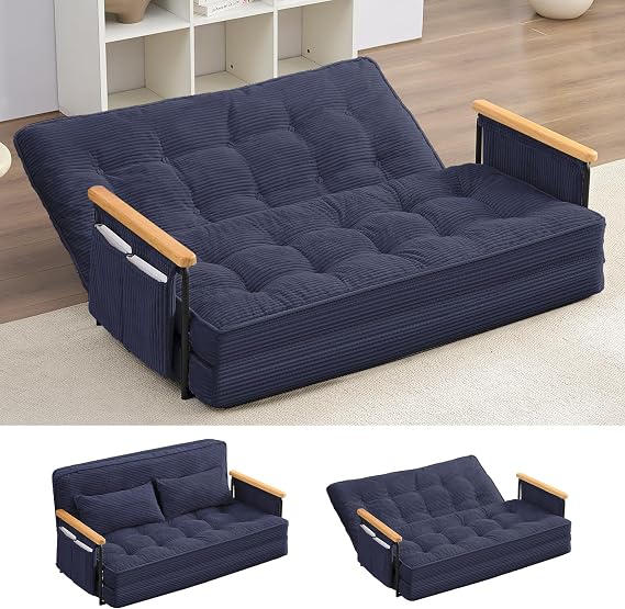 Mjkone 54" Adjustable Floor Couch with 2 Pillows, Loveseat Sleeper Sofa with Side Pocket, Multi-Functional Couch Bed, 5-Position Lazy Sofa Bed with Wooden Armrest for Living Room (Blue,Loveseat