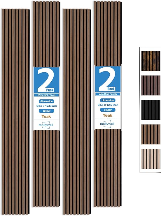 Mollywell Wood Panels for Wall, Teak, 2 Pcs, 94.5x12.5 in | Easy Installation, MDF, Wood Grain Veneer, NRC 0.95, Sound Absorbing, Modern Slat Wall Decor, Home, Office, Living Room