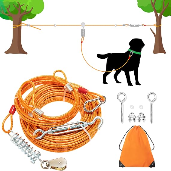 100ft Dog Runner Cable & 10ft Chew Proof Lead with Buffer for Yard | Heavy Duty Long Dog Leash Trolley System for Camping & Training & Hiking Outdoor