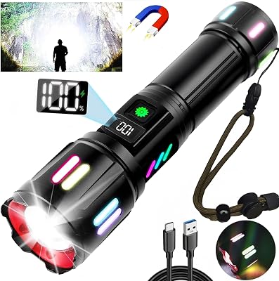 Rechargeable Flashlight High Lumens, 5 Modes Super Bright LED Flashlight USB C, Long Lasting Heavy Duty Strong Tactical Flashlight for Home Fish Security & Hiking