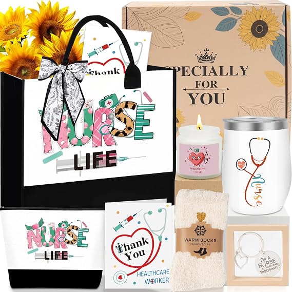Awfrky Nurse Gifts for Women, Nurse Appreciation Gift Set for Female Nursing Student - RN Graduation, Nurses Week & Christmas Gift Basket with Canvas Tote Bag