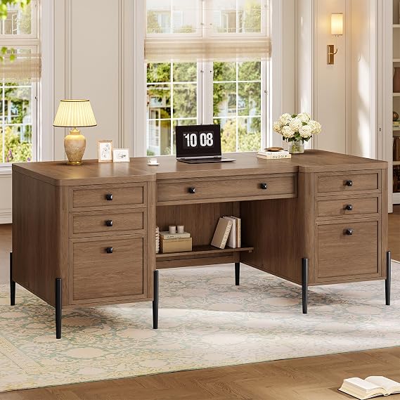 63" Executive Desk with 5 Drawers, Farmhouse Home Office Desks with 2 Storage Cabinet and Keyboard Tray, Large Boss Desk with Privacy Panel, Modern Table with Open Shelf and File Drawer