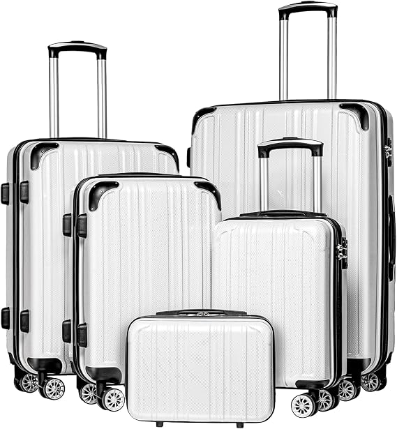 Coolife Luggage Set,Lightweight and Durable Hardshell,5 Pcs, white grid new