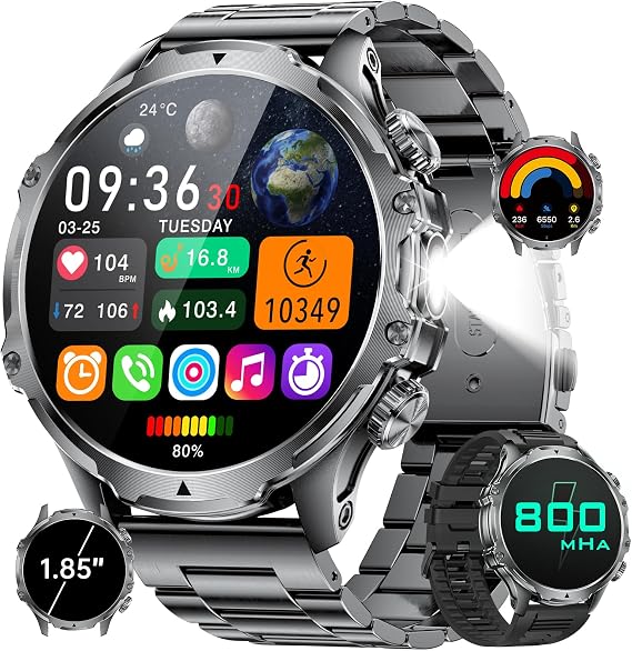 Military Smart Watch for Men, 1.85'' HD Large Screen Smartwatch, 800mAh/LED Flashlight/IP68 Waterproof/Pedometer/100+ Sports Fitness Tracker, Mens Smart Watches for Android iOS, Black