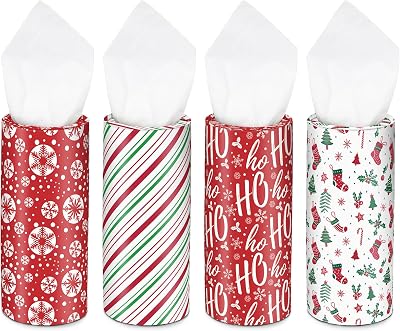 Christmas Round Car Tissue Holder - Festive Bulk Facial Tissues, Holiday Decor for Cup Holders - Set of 4 Decorative Cylinders Snowflakes, Ho Ho Ho, Candy Cane Stripes, Holiday Icons