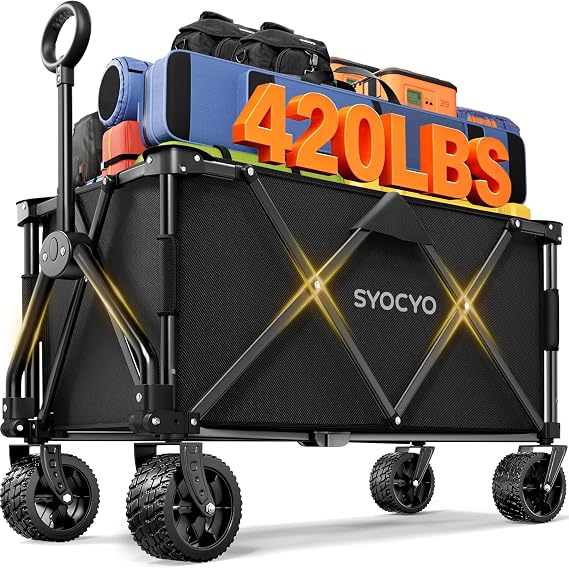 Beach Wagon 420LBS Heavy Duty Wagons Carts Foldable, Collapsible Wagon with Big Wheels for Sand & Cup Holders for Camping Garden Sports Grocery