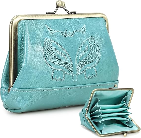 Contacts Vintage Leather Flip Coin Purse for Women Small Cute Zipper Purse Vintage Card Holder Blue Vintage Style