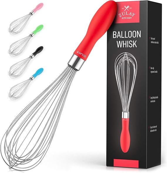 Zulay Kitchen Stainless Steel Balloon Whisk 12 Inch Heavy Duty and Durable Wire Whisk with Non-Slip Silicone Handle for Blending, Whipping & Beating - Red