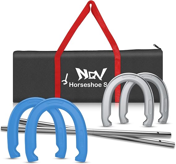 NQV Horseshoe Outdoor Game Set Horse Shoe Game Kit,Sports Horseshoes Sets, Includes 4 Steel Horseshoes, 2 Metal Stakes & Carry Bag Perfect for Lawn, Backyard, or Tailgating