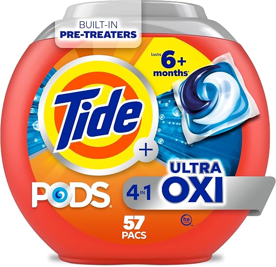 Tide 4-n-1 Ultra Oxi PODS Laundry Detergent Pacs, 57 Count, HE Compatible, Built in Pre-treater for Stains